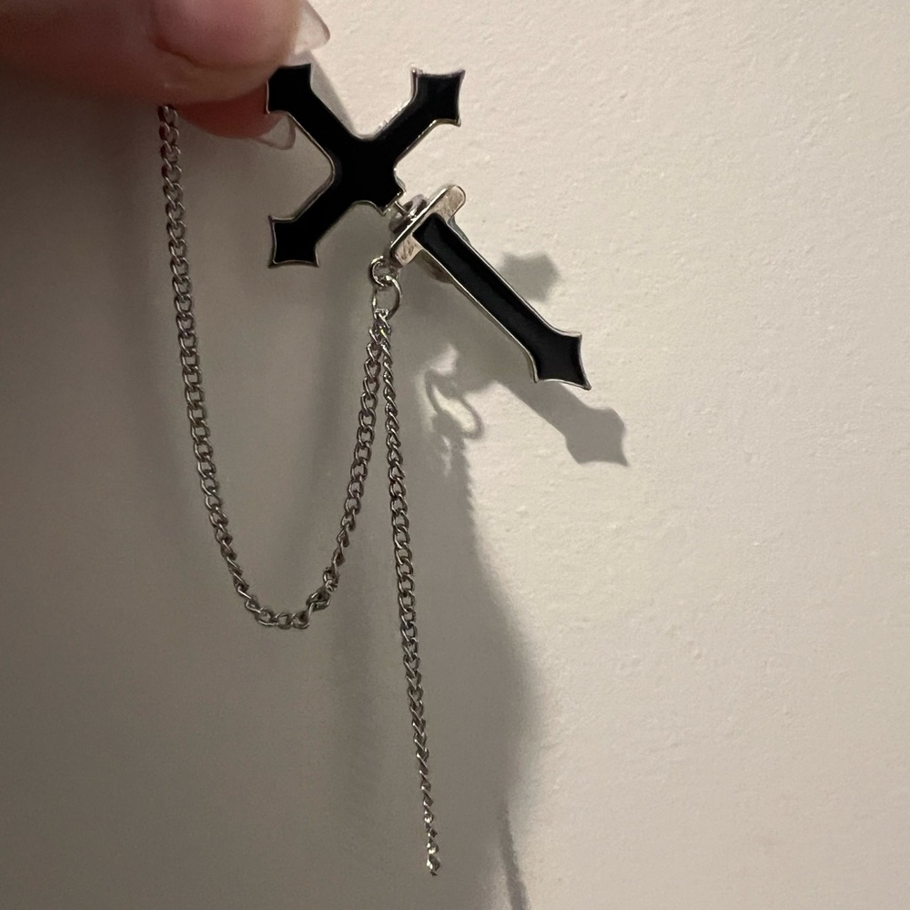 New! Black enamel cross earring w chain.